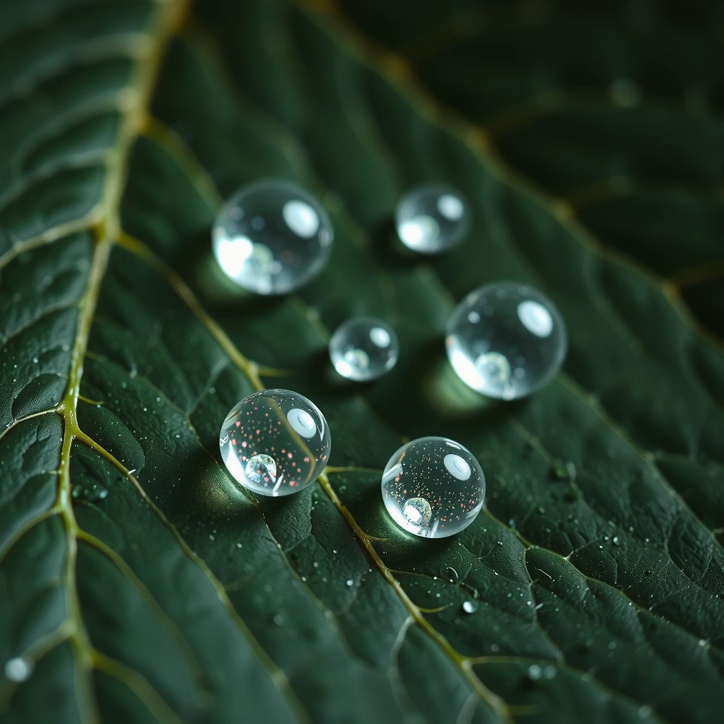 Nahaufnahme eines Wassertropfens auf einem dunkelgrünen Blatt